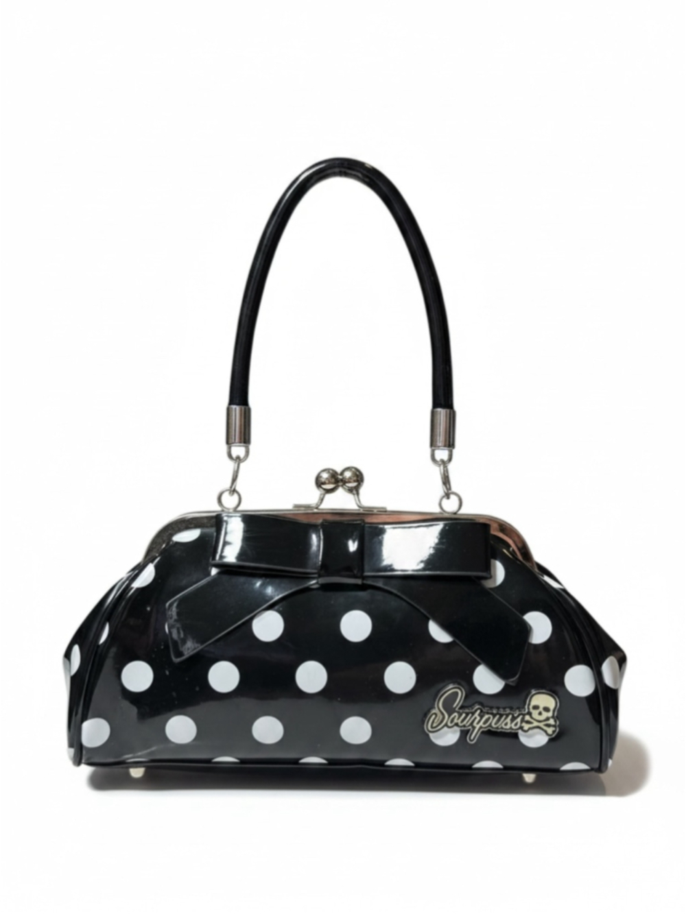 Women's Sourpuss Top Handle Bag With Kisslock Closure Black White Polka Dot